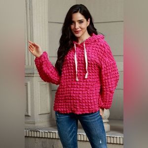 Deep Rose Texture Drawstring Long Sleeve Hoodie